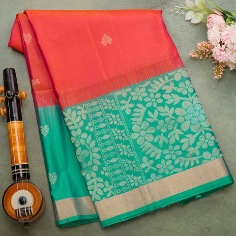 Orange with Green pure soft silk saree