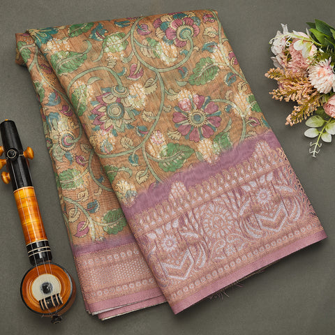 Beige & Lavendar Kalamkari Printed Semi Silk Saree