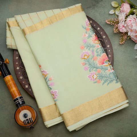 Mint Green Pure Mysore Silk Embroidery Saree