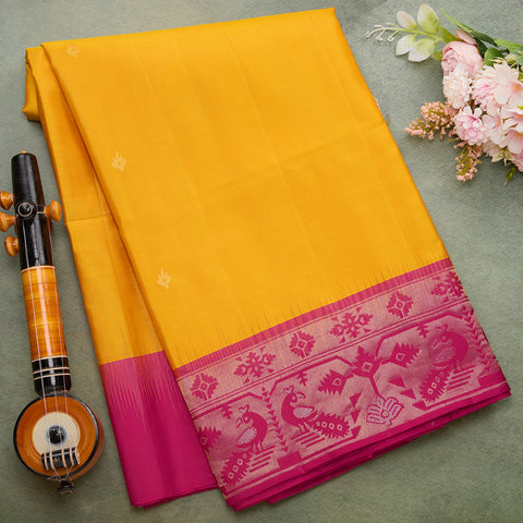 Yellow with Pink pure soft silk saree