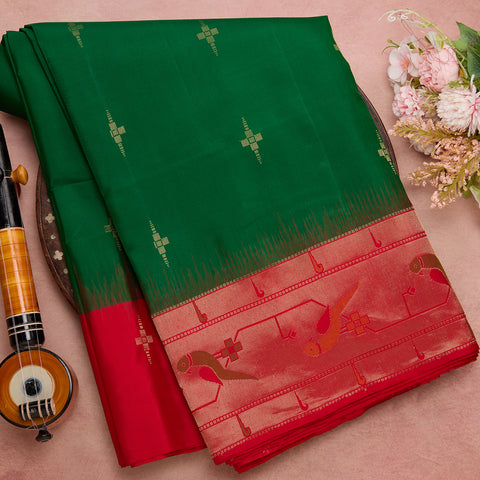 Green with Red pure soft silk saree