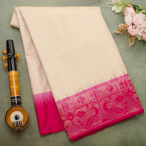 Creme with Pink pure soft silk saree