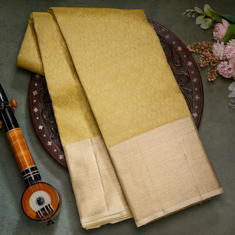 Lemon Yellow with Ivory Kanjeevaram Brocade Silk Saree