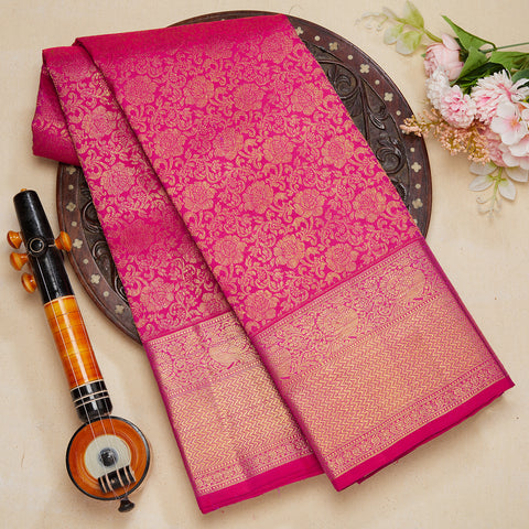 Bright Pink Pure Kanjeevaram Brocade Silk Saree