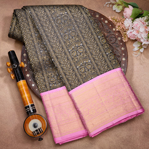 Black with Neon Pink Kanjeevaram Brocade Designer Silk Saree