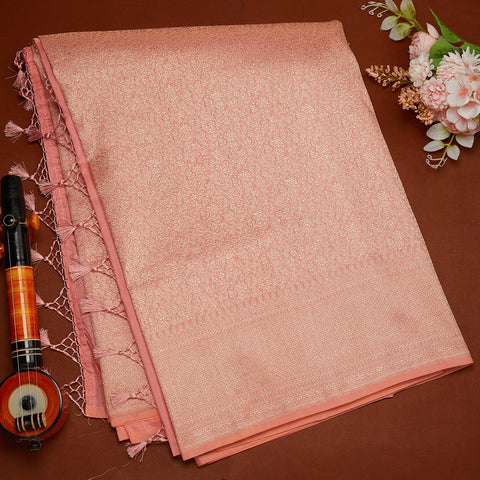 Peach Pink Banarasi Silver Jari Silk Saree