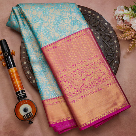 Sky Blue Semi Silk Tissue Brocade Saree