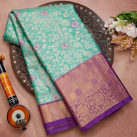 Sea Blue Semi Silk Tissue Brocade Saree