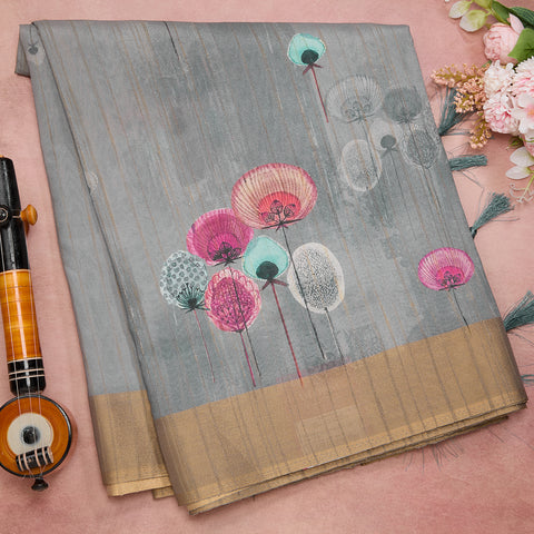 Grey Printed Semi Tussar Silk Saree