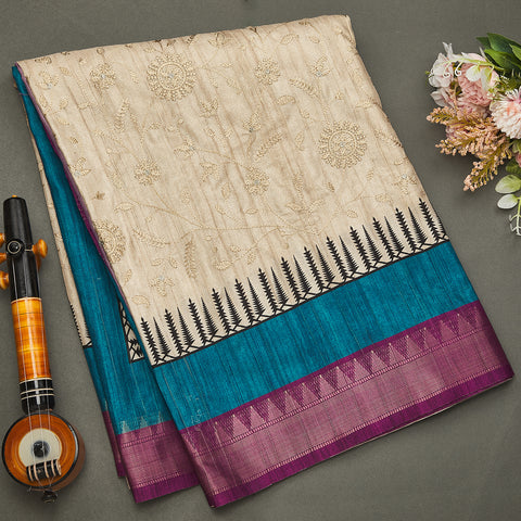 Beige Red Embriodery Silk Saree