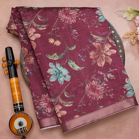 Wine Printed Semi Tussar Silk Saree