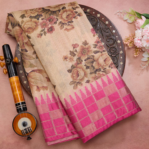 Beige Printed Semi Tussar Silk Saree