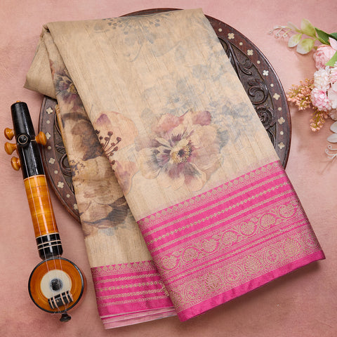 Beige Printed Semi Tussar Silk Saree