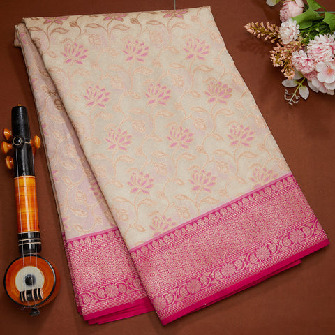 Cream Semi Banarasi Silk Saree