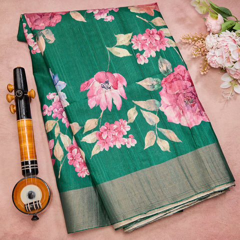 Bottle Green Printed Semi Tussar Silk Saree