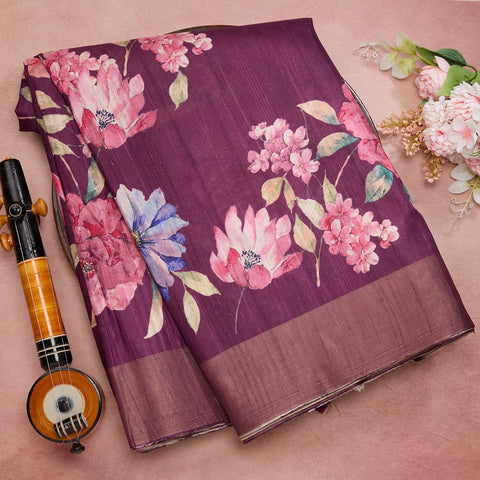 Purple Printed Semi Tussar Silk Saree