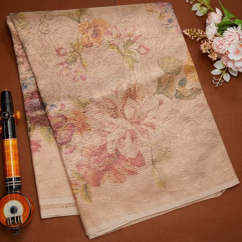 Beige Floral Print Tissue Saree