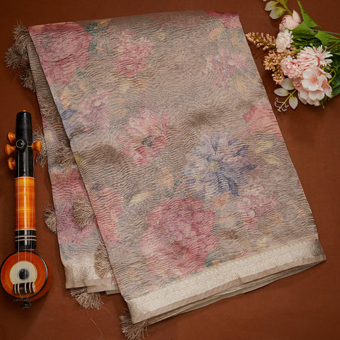 Light Grey Floral Print Tissue Saree