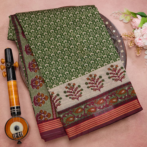 Leaf Green Printed Chanderi Cotton Saree