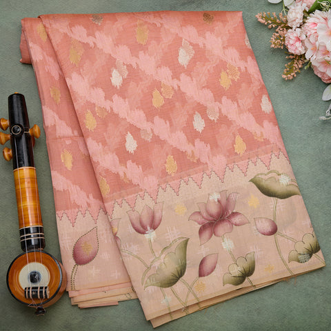 Light Peach Tussar Printed Silk Saree