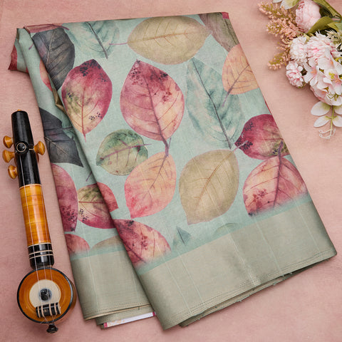 Aqua Green Tussar Printed Silk Saree