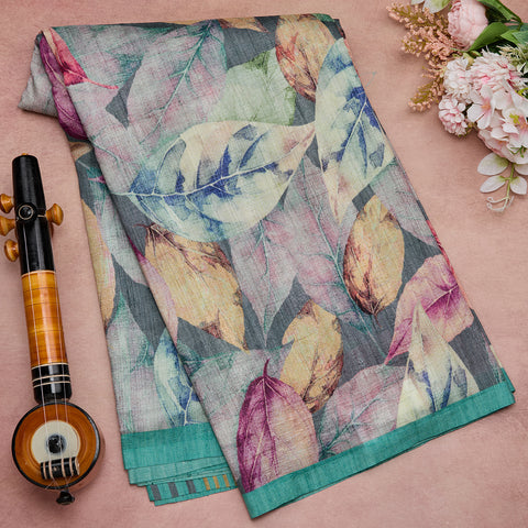 Sea Blue Tussar Printed Silk Saree