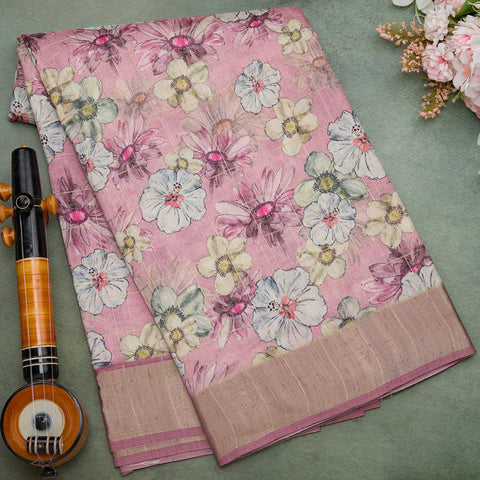 Light Onion Pink Tussar Printed Silk Saree