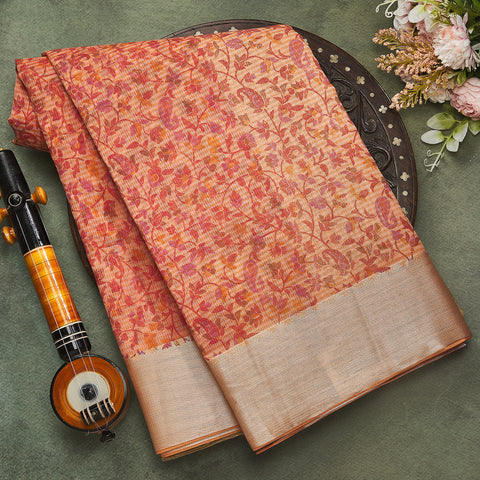 Peach Printed Cotton Saree