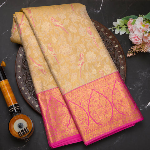 Cream Handloom Tissue Brocade Silk Saree