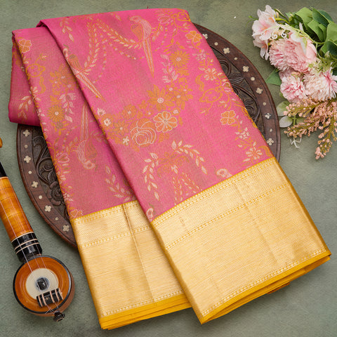 pink and yellow colour combination kanjivaram silk saree