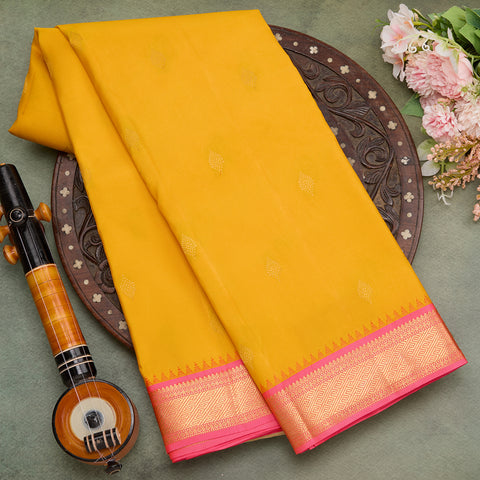 yellow with pink colour combination kanjivaram silk saree