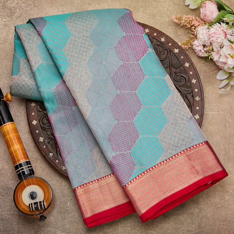 light blue with red colour combination kanjivaram brocade silk saree