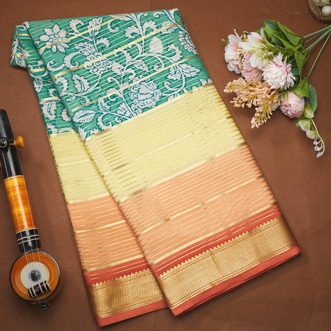 Sea Blue Pure Mysore Crape Kalamkari Printed Saree