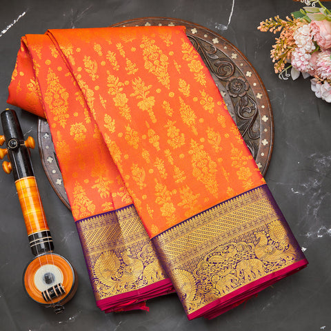 Rust Orange Kanjeevaram Brocade Silk Saree