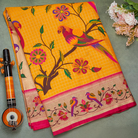 Bright Yellow Banarasi Paithani Silk Saree