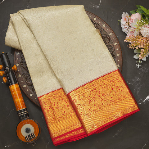 Cream Pure Kanjeevaram Brocade Silk Saree