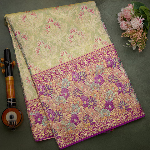 Olive Green With Dark Purple Pure Tissue Kanchivaram Silk Saree