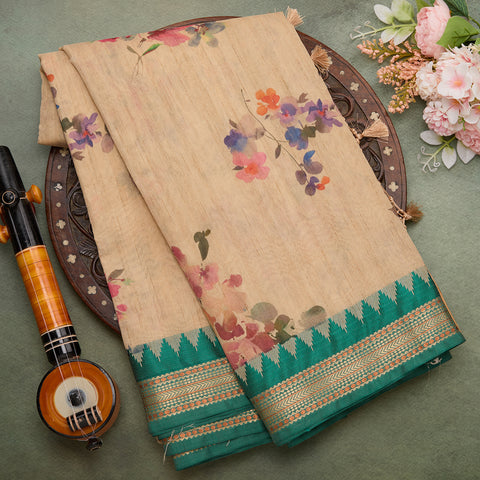 Beige Printed Tusser Silk Saree