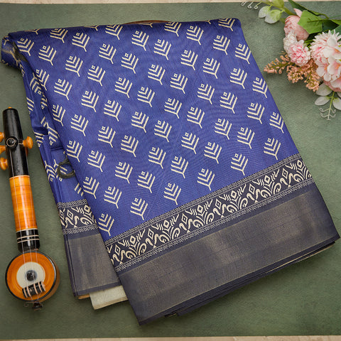 Grey Blue Semi Silk Printed Saree