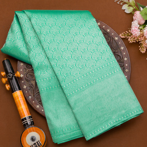 Rama Green Silver Jari Kanchivaram Brocade Silk Saree