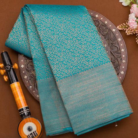 Peacock Blue Pure Kanchivaram Antique Jari Brocade Silk Saree