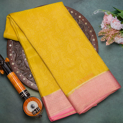 Lemon Yellow Mysore Crepe brocade Silk Saree