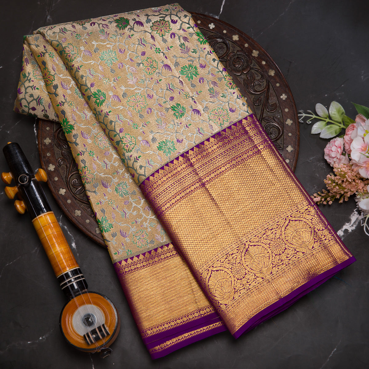 Antique gold pure kanjeevaram tissue silk saree - Deepamsilksbangalore