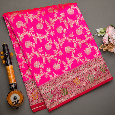 Hot Pink Semi Benarasi Silk Saree