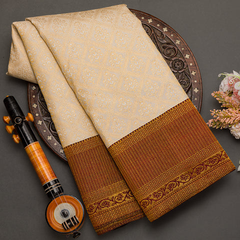 Cream Colour Kanjivaram Brocade Pure Silk Saree