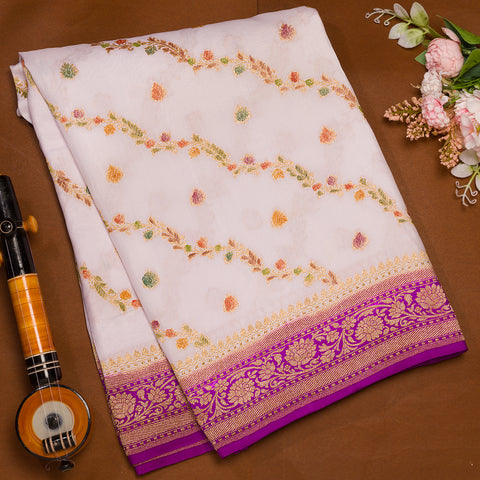 White Benarasi Mulberry Silk Saree