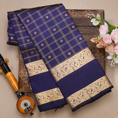 Dark Blue Checks Pure Kanjivaram Traditional Silk Saree