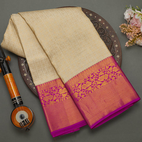 Cream Kanjeevaram Brocade Silk Saree