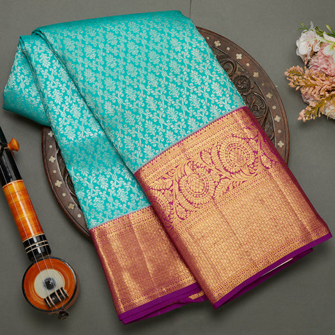 Sea Blue Kanjeevaram Brocade Silk Saree