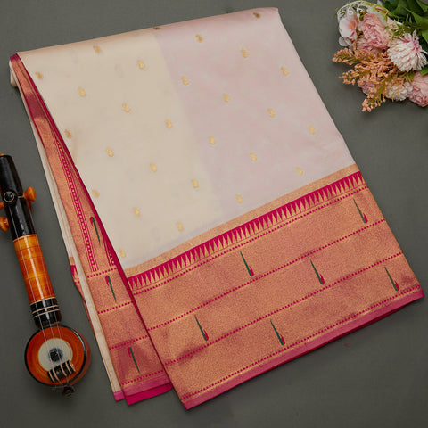 White and Pink Paithani Silk Saree